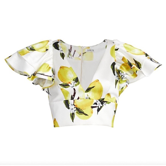 Amur cropped ruffle sleeve lemon print crop top white yellow v neck - Picture 2 of 13